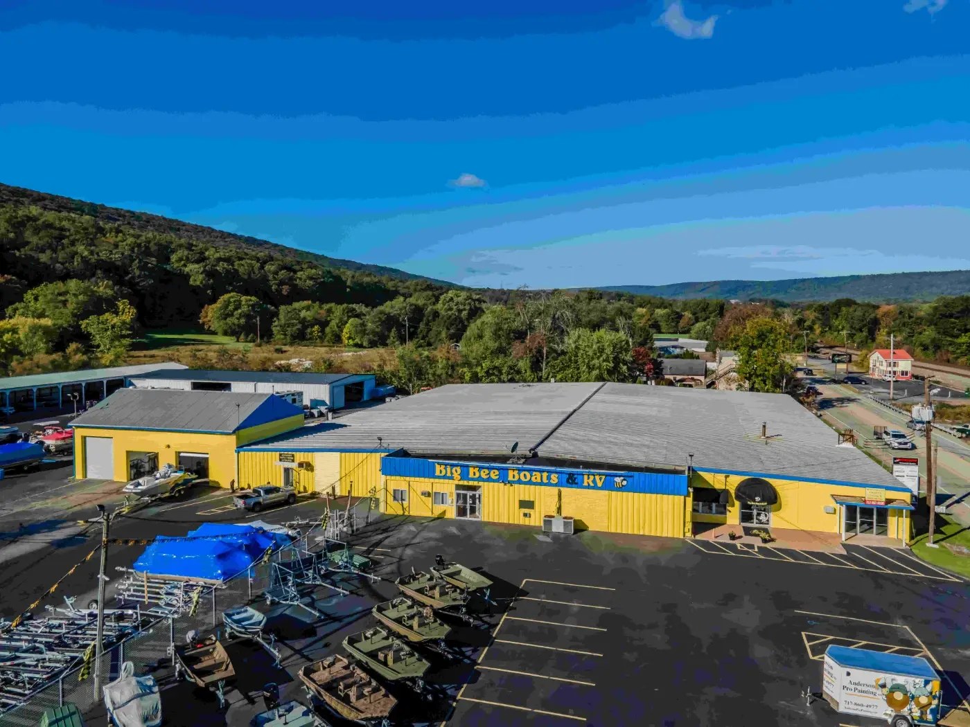 Aerial view of the finished Big Bee Boats & RV building