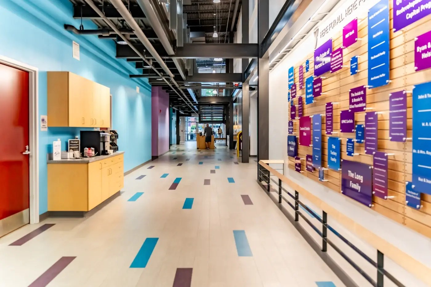 A brightly painted YMCA hallway