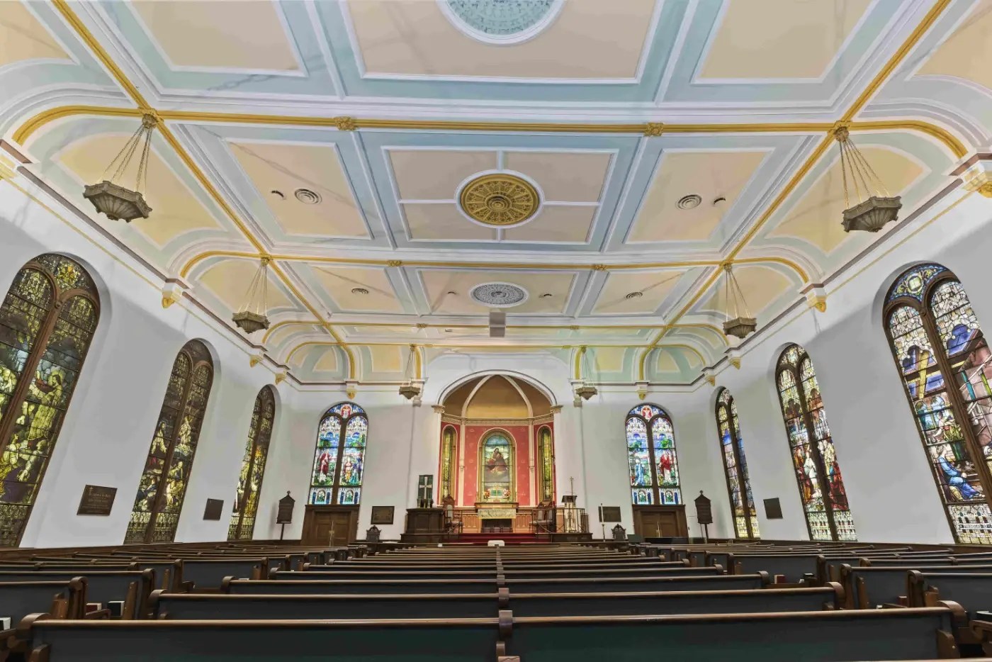 The sanctuary of Zion Lutheran Church after restoration painting