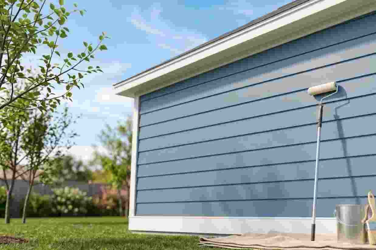 A roller applying paint to blue house siding