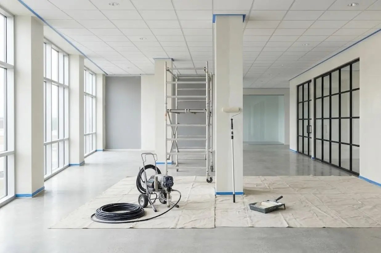 A bright commercial office interior being prepared for painting