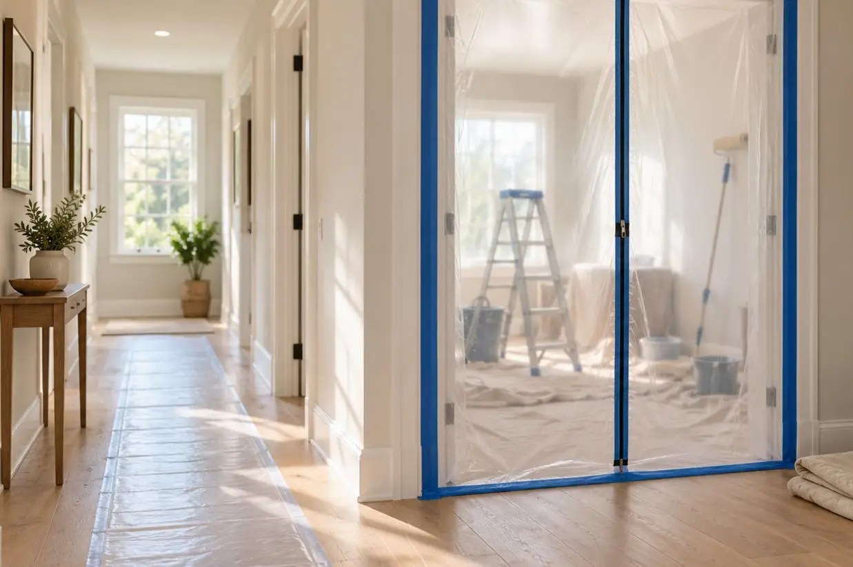 A home hallway protected with plastic sheeting during interior painting